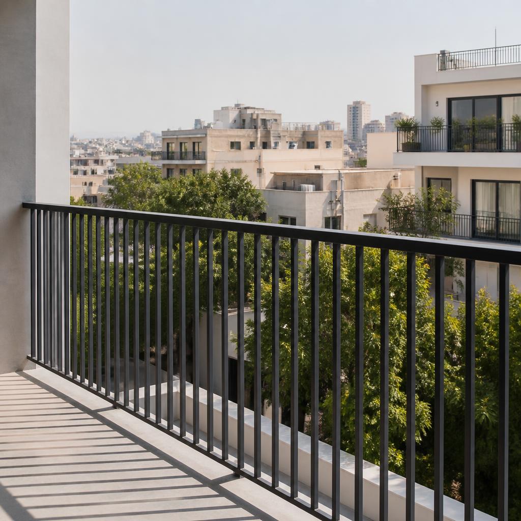 מעקה פלדה כהה במרפסת של בניין עירוני