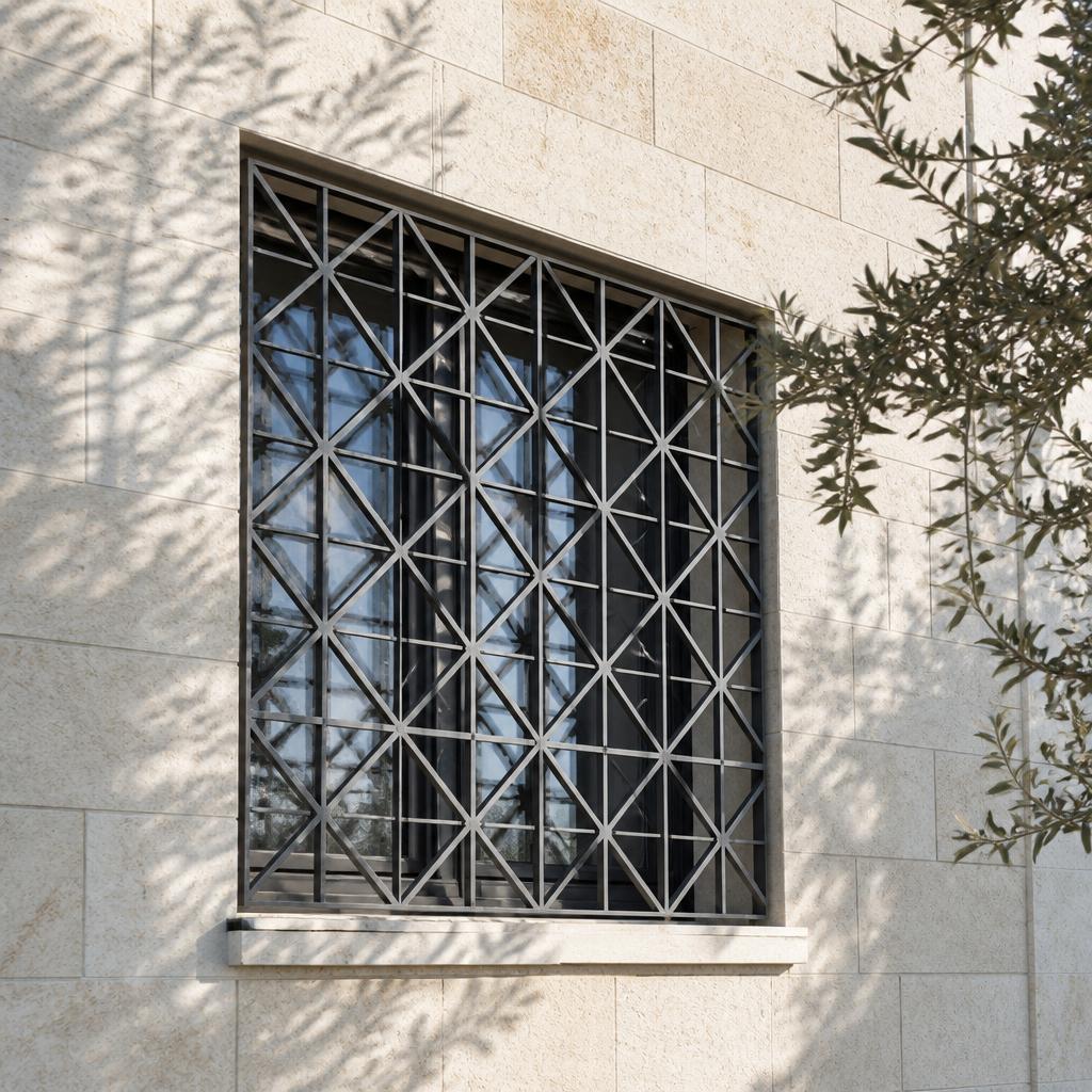 סורג חלון מפלדה בדוגמה גאומטרית בבית אבן