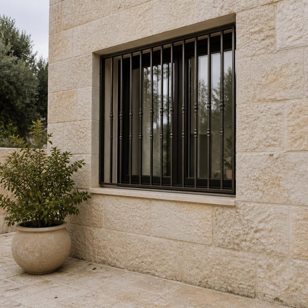 סורג ברונזה כהה בחלון של בית אבן